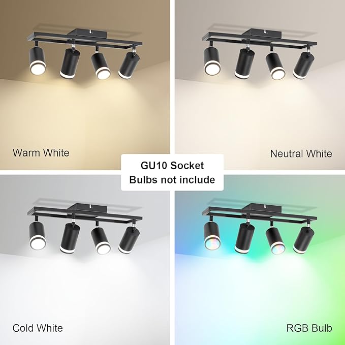 4-Light Track Lighting Fixtures Ceiling, GU10 Black Led Ceiling Spotlight, Modern Track Light Kit for Kitchen Hallway Bedroom Living Room