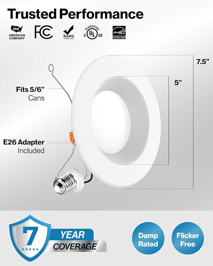 Sunco Retrofit LED Recessed Lighting 6 Inch, Downlight Can Lights for Ceiling, Baffle Trim, 965 LM, 13W (120W Equivalent), 2700K Soft White, Dimmable, Damp Rated UL 4 Pack.