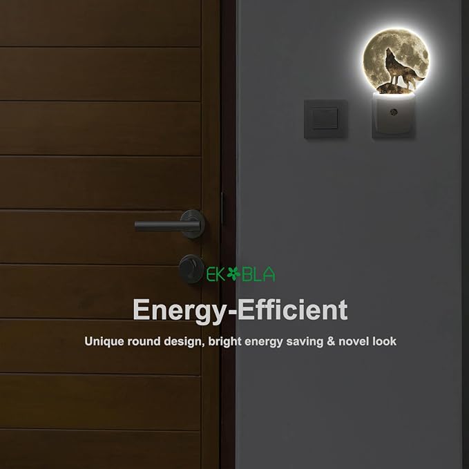 EKOBLA Black Wolf Night Light, Wolf on Cliff Under Full Moon Night Lights Plug Into Wall with Auto Sensor for Bedroom and Staircase