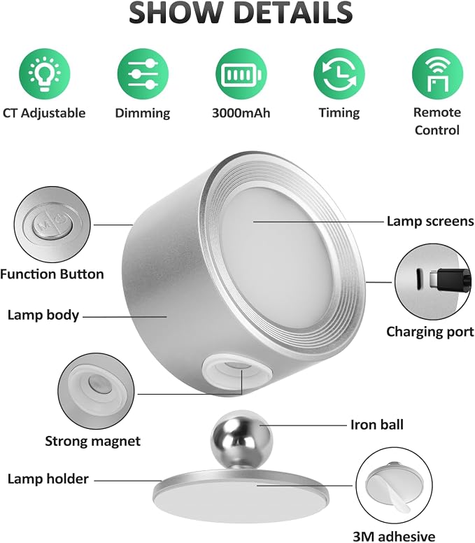 Racokky LED Wall Sconces 2 Pcs with Remote, Wall Lights 3000mAh Rechargeable Battery Operated, 3 Color Temperatures & Dimmable Wall Lamp Magnetic 360° Rotation Light for Bedroom Living Room(Silver)