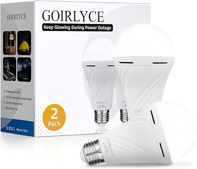 2Pack Emergency Rechargeable Light Bulbs Battery Operated Light Bulb | White 9W E27 6500K 1500mAh, Equivalent Self-Charging LED Light Bulbs for Home, Camping, Hiking Hurricane