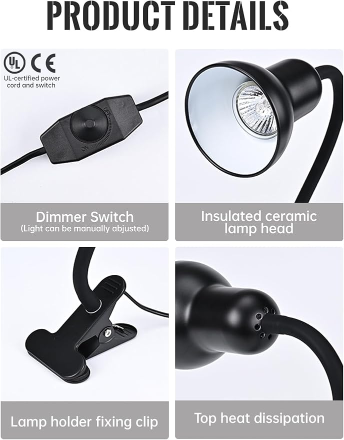 Clip On Gooseneck Lamp - 60W Max, Ceramic Fire-Resistant E26 Socket, Classic Durable Switch, Adjustable Flexible Clamp Light for Desk, Workbench, Bed Headboard, Table, Heat (Dimmable Clip Desk Light)