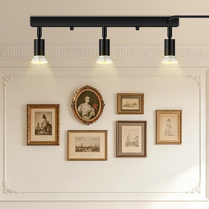 3 Head Plug in Track Light Fixture Black, Easy Install Corded Track Lighting Kit with Switch, Adjustable Directional Spotlight for Kitchen Island Closet Art Display, Modern Ceiling Lamp,15ft Cord