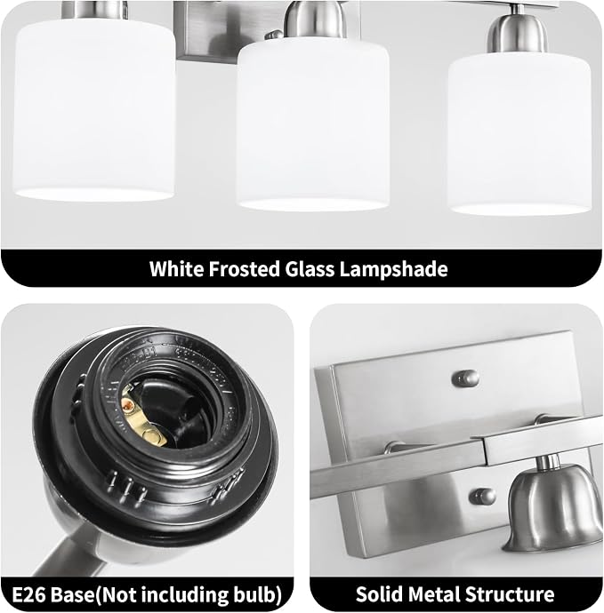 4 Light Bathroom Light Fixtures, Anti-Rust Finish Brushed Nickel Vanity Lights for Bathroom with Milky White Frosted Glass Shade for Mirror Bedroom Living Room E26 Base