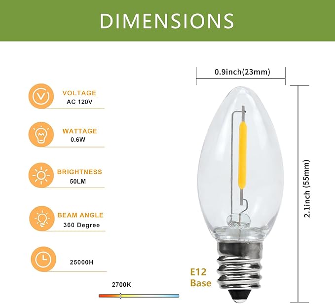 2 Pack Accessory Cord with LED Night Light Bulbs - White Cord with On/Off Switch Plugs - C7 led Bulb Warm White with Spare Fuse for Holiday Decoration and Craft Village House Decoration