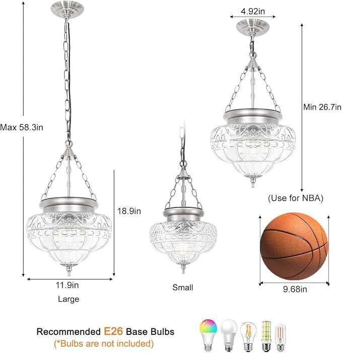 3-Light Brushed Nickel Pendant Light Fixtures with 12In Unique Thickened Glass, Vintage Pendant Lights Kitchen Island with Adjustable Chain, Hanging Light Fixtures for Entryway, E26*3