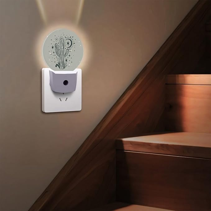 Round LED Night Light,Wild Cactus Desert Arizona Vintage LED Night Light Plug into Wall with Dusk to Dawn Light Sensor White Energy Efficient Nightlight for Bedroom Hallway Living Room Kitchen