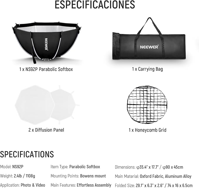 NEEWER 35.4'' Octagonal Softbox, Quick Release Parabolic Soft Box, NS92P | Bowens Mount, Diffusers, Grid, Bag Compatible with Aputure 120d Compatible with Godox SL60w NEEWER Q4 AS600B CB300B Q300