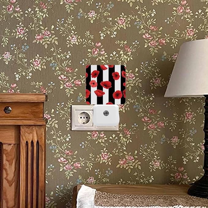 Black and White Stripes Night Light Red Poppy Petals Plug into Wall with Dusk to Dawn Light Sensors 0.5W Warm Nightlights for Bedroom Bathroom Hallway