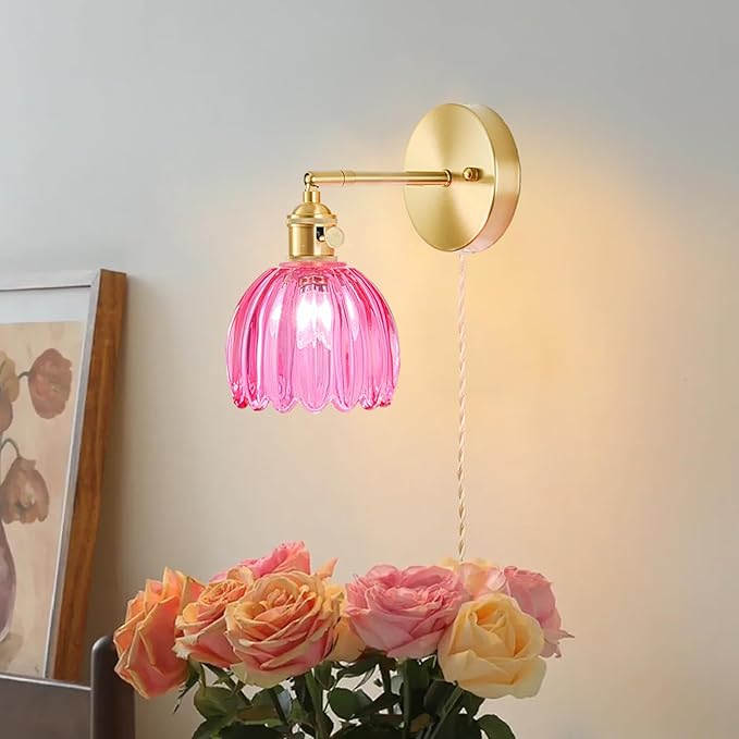 Plug in Wall Sconce, Vintage Sconce Light with Tulip Ruby Red Glass Lampshade, Bedside Wall Sconce with Switch and Plug in Wall Lamp Cord, Gold Wall Light for Bedroom