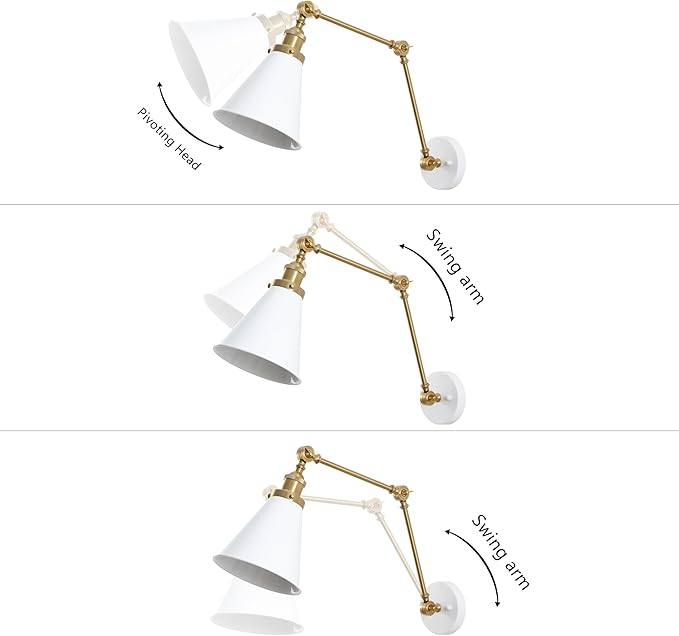 JONATHAN Y 7" White/Brass Gold Classic Industrial Metal Adjustable Arm LED Wall Sconce for Bedside Reading, Farmhouse Swing Arm Wall Lamp with Metal Shade, Hardwired (JYL7462B)