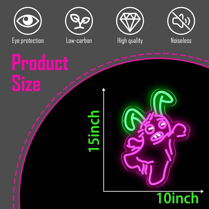 Funny Ugly Cute Monster Rabbit LED Neon Sign, USB Powered Pink Green Kawaii Bunny Neon Light for Wall Decor, Funny Cartoon Inspired Aesthetic Lamp for Kids Bedroom, Game Room, Gift for Fans