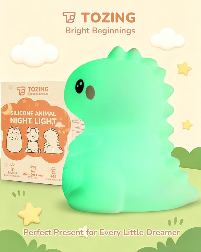 Night Light for Kids, LED Dinosaurs Squishy Animal Lamp for Baby, Soft Silicone Dimmable Touch Light with Timer, Battery Rechargeable Nightlight Boys Gifts Cute Room Decor 4.80 x 4.80 x 6.10 in