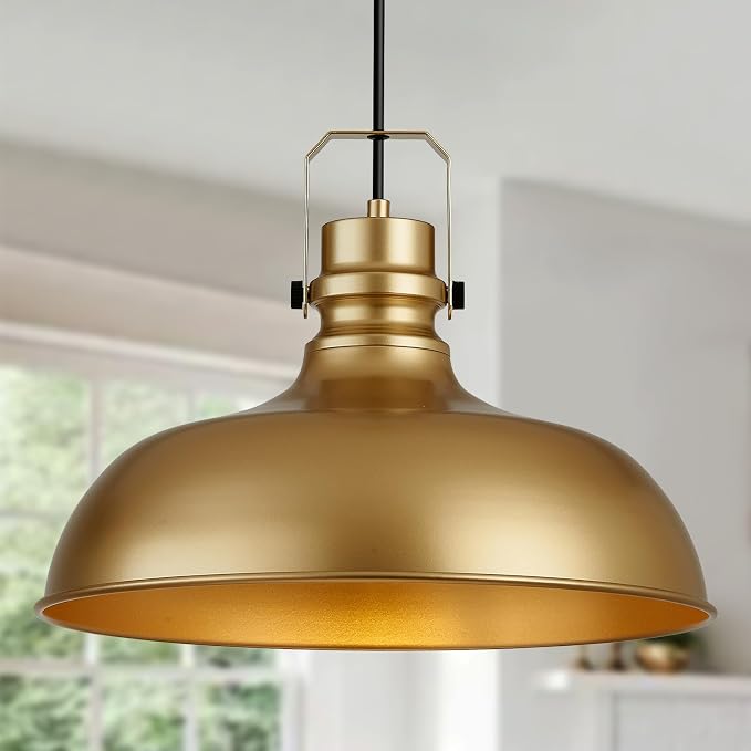 Gold Farmhouse Pendant Lights for Kitchen Island 16 Inch | ETL Certificate,Industrial Adjustable Height Vintage Dome Hanging Light Fixtures for Barn, Dining Room 2 Pack