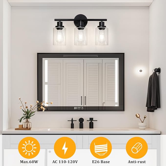 Modern Bathroom Light Fixtures, 3 Light Vanity Lights with E26 Bulbs, Black Wall Lamp with Clear Glass for Mirror Living Room Hallway Cabinet Porch