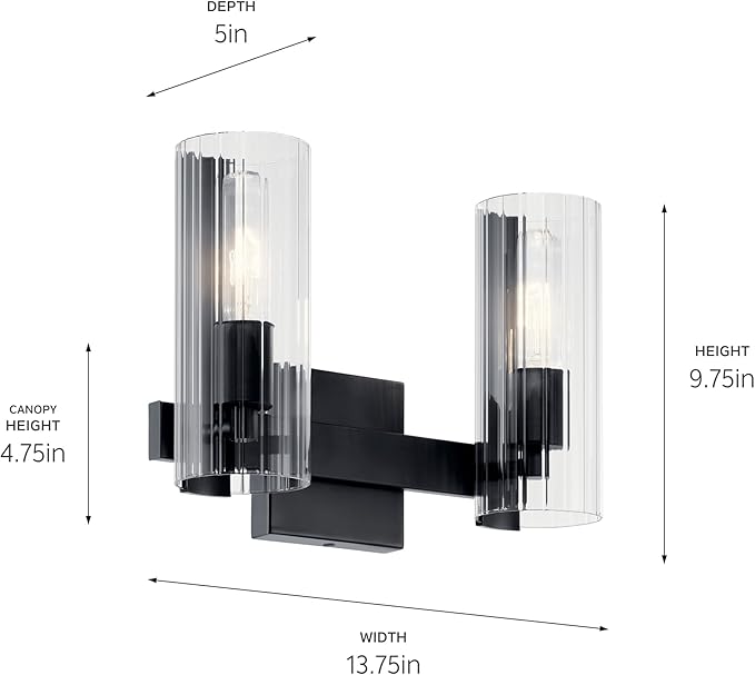 Kichler Jemsa 2 Light Vanity, Modern Light with Clear Fluted Glass in Black for Bathroom or Powder Room (9.75" x 13.75"), 55167BK