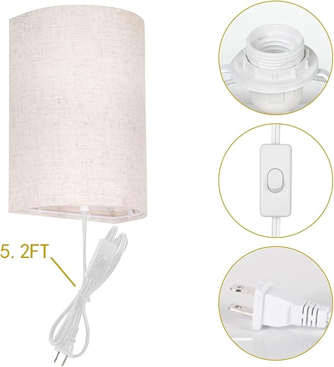 AVV Wall Sconces Set of Two, Wall Lamp Plug in with On/Off Switch, 2700K 4000K 5000K Selectable, Wall Lights for Bedroom, Living Room, Wall Decor for Bedroom, Fabric Linen Lamp Shades