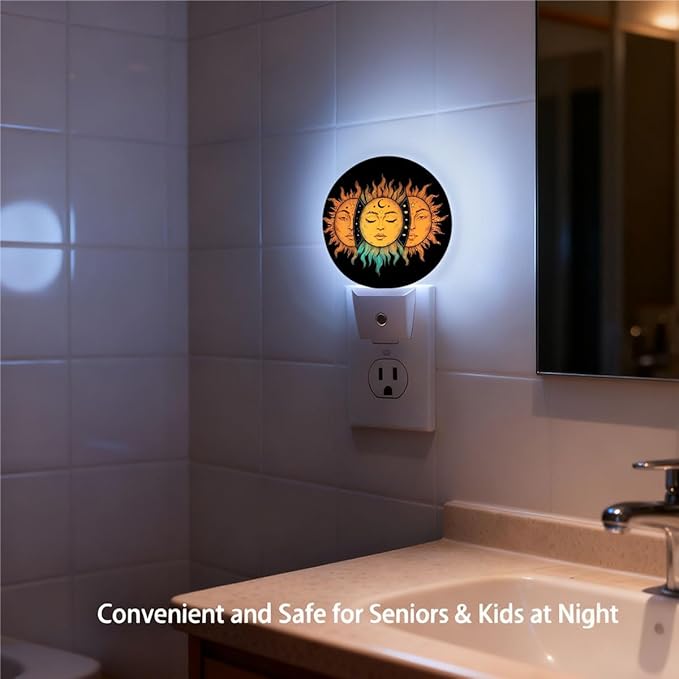 Plug-in Mystical Celestial Suns Art Night Light Sun Faces with Moon and Stars Nightlight with Dusk to Dawn Sensor, Auto On/Off 0.5W Energy-Saving LED Lighting Sleep Friendly