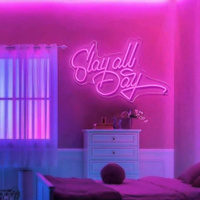 JEDAEMEN Slay All Day Neon Signs for Wall Decor Pink LED Sign Neon Lights | Pink Led Light Sign Preppy Room Decor Light Up Sign for Birthday Party Decoration USB Powered