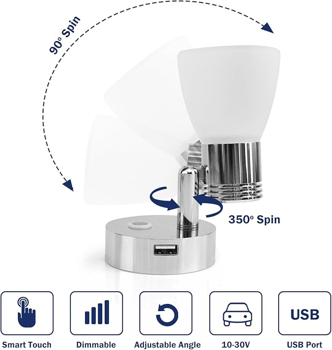 THALASSA 12V Boat Interior Reading Light USB Port, 3W DC RV Warm White, Built-in Dimmer Touch Button for Blue Decor Lights. Surface Mount on Trailer, Van, Truck, Car, Camper, Motorhome, Caravan