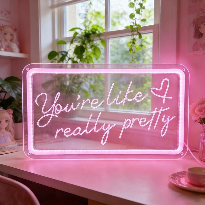 You like really pretty Neon Sign for bedroom wall,Pink led sign for wall decor with USB Power and Dimmer Switch,15 * 9 inch neon signs for room decor