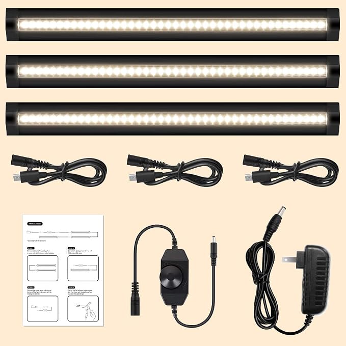 inShareplus LED Under Cabinet Lighting, 13 inch Dimmable, Warm White 3500K, CRI90+, 450Lumens, DC 12V Ultra Thin Under Counter Kitchen Lighting for Kitchen, Shelf, Cupboard, Black, 3 Pack
