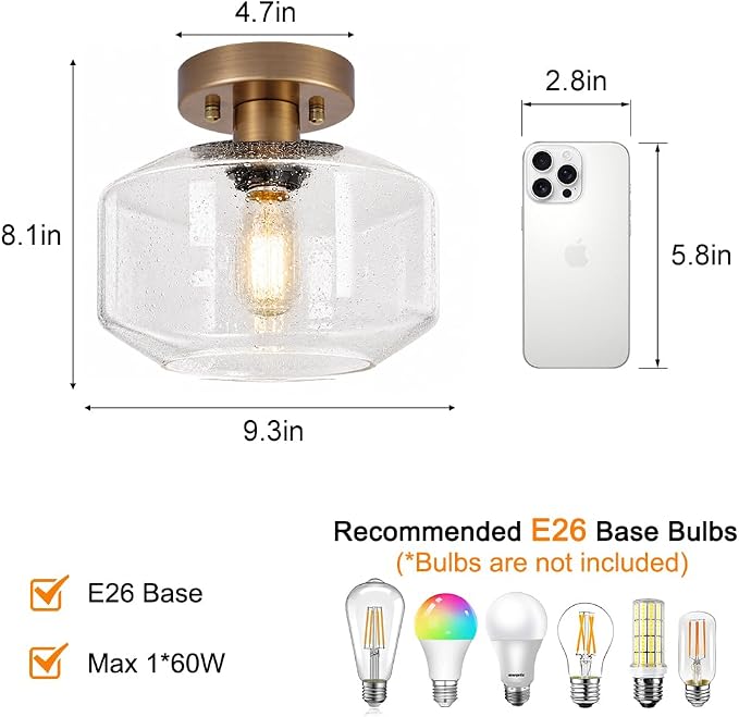 Brushed Antique Brass Semi Flush Mount Ceiling Light, Vintage Small Ceiling Light Fixture, Hallway Lighting Fixture with Bubble Glass, Kitchen Ceiling Mount Light for Entry Way, Bedroom, Bathroom