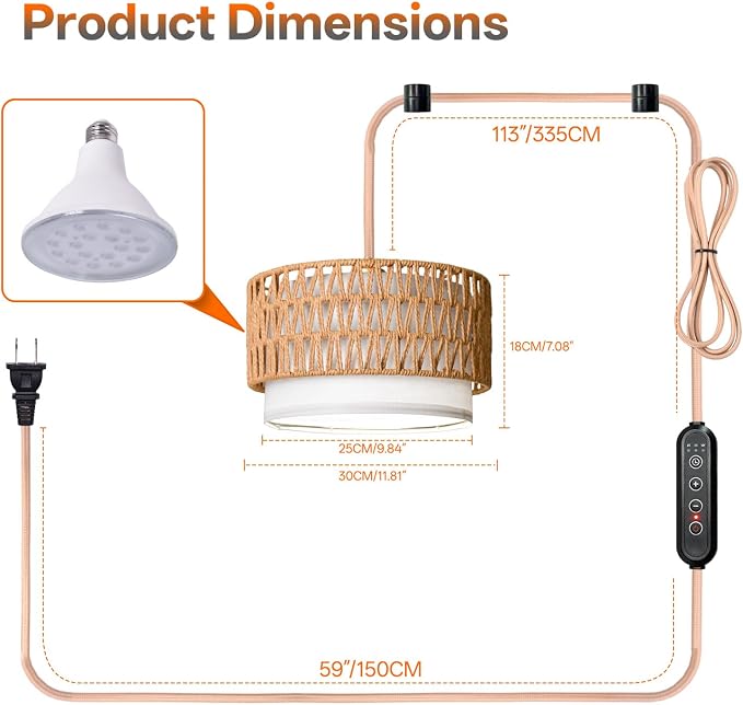 Hanging Grow Light for Indoor Plants, Dimmable Plant Light | 4H/9H/14H Timer,18W Full Spectrum with Boho Linen Shade,5000K, Adjustable Brightness for Indoor Plant,Tall Plant, Flowers