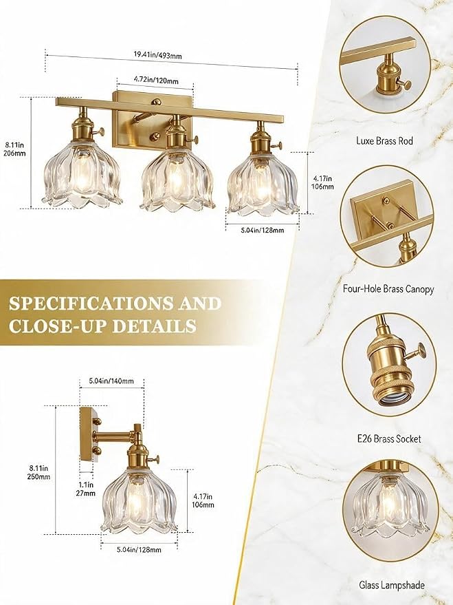 3-Light Vintage Bathroom Vanity Light, 19.4" Brass Hardwired Wall Sconce with Amber Tulip Glass Shades, Brushed Gold Vanity Light for Mirror, Restroom, Bedroom (Clear, 3-Light)