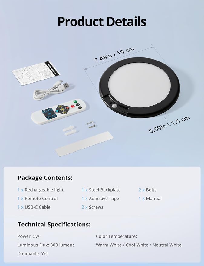 Black Battery Powered Motion Sensor Ceiling Lights Wireless, Rechargeable 60 Day Battery Operated Waterproof Inside Shower Lighting with Remote Magnetic Without Wiring for Closet Garage