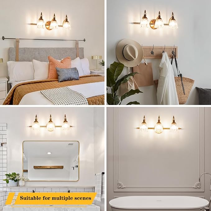 Brushed Gold Bathroom Vanity Light, Farmhouse Brass Bathroom Light Fixtures Over Mirror, 3 Light Vanity Lighting Fixtures, Flower Glass Shade Wall Sconce Lighting