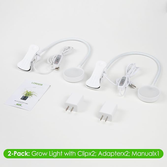 LORDEM Small Pot Clip Grow Light, Full Spectrum LED Plant Grow Lamp for Indoor Growing, Auto On/Off Timer 4/8/12H, Plant Light with 4 Dimmable Brightness Levels, Ideal for Small Indoor Plants, 2 Pack