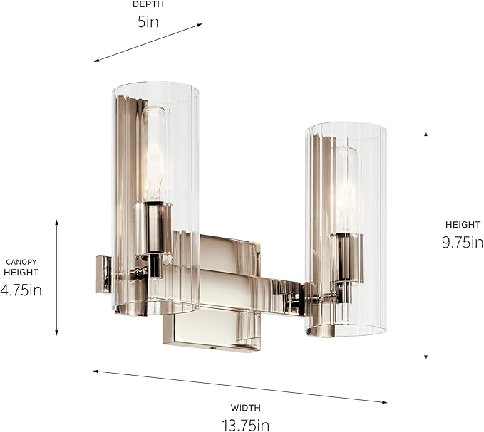 Kichler Jemsa 2 Light Vanity, Modern Light with Clear Fluted Glass in Polished Nickel for Bathroom or Powder Room (9.75" x 13.75"), 55167PN