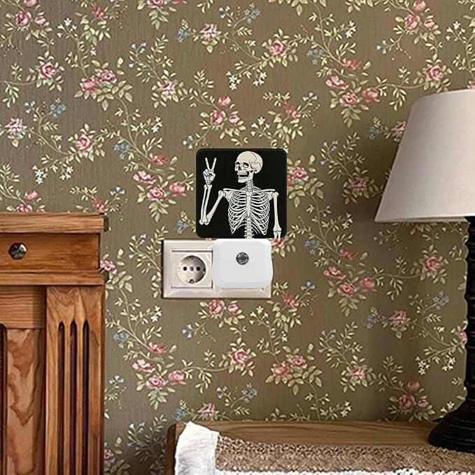 Skeleton Night Light Plug-into Wall Human Skeleton Posing on Black Background Nightlight Lamp with Dusk to Dawn Sensor, Led Lamp 0.5W Energy Efficient for Home Decor