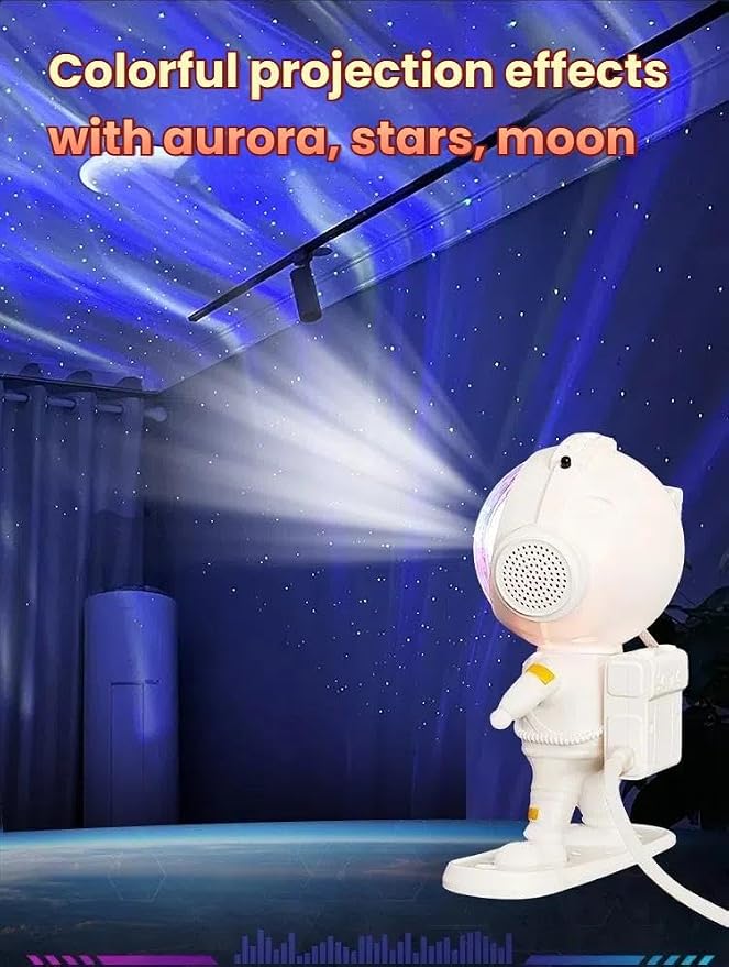 White Noise Astronaut Aurora Galaxy Projector — 360° Rotating Star & Moon Night Light with Sleep Timer, Music Sync, Remote Control, Calming LED Mood Lamp for Bedroom, Kids' Room, Nursery