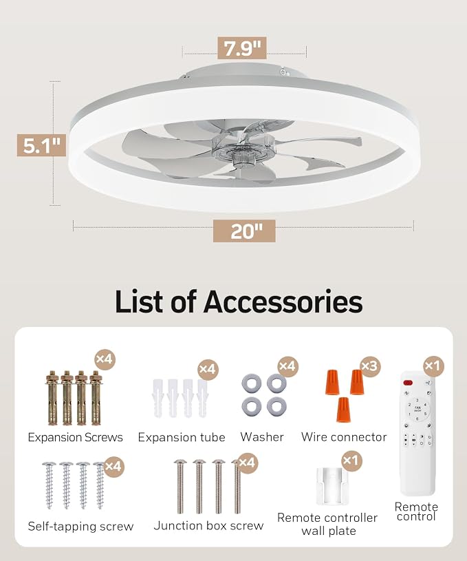 Smart Ceiling Fans with Light and Remote,20" Low Profile Ceiling Fan with 6-Speed & Dimmable LED, Alexa/APP Home Voice Control, App, Reversible Airflow, App Timer, for Bedroom(White)
