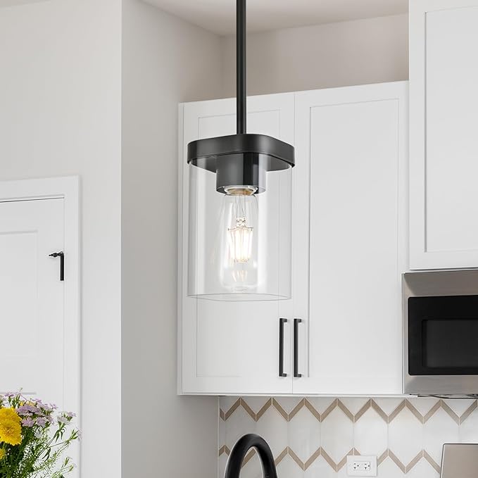 Modern Pendant Light Fixtures 3-Pack, Matte Black Pendant Lights Kitchen Island with Square Transparent Glass, Glass Pendant Light for Dining Room, Bedroom, Living Room, Farmhouse