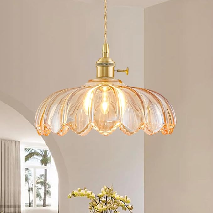 Plug in Pendant Light Fixtures, Hanging Light Fixture Glass Pendant Light, Vintage Amber Hanging Lamp, Pendant Lighting for Kitchen Island, Bedroom, Dining Room, Living Room