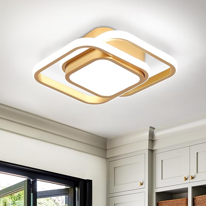 2 Packs Modern Led Ceiling Light Acrylic Square Small Ceiling Lamp Cool White 6000K Hallway Lighting Fixtures for Bedroom Kitchen Living Room Study Hallway Small Asile Lamp Corridor Lights (Gold)