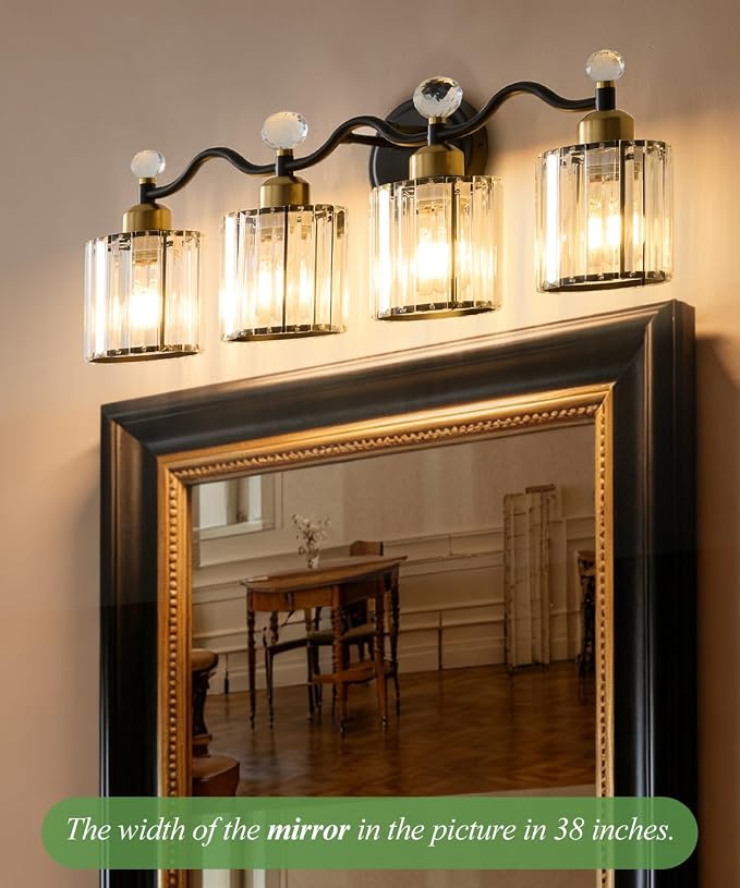 Black&Gold Bathroom Vanity Light Fixtures Over Mirror,4-Light Crystal Bathroom Light Fixtures,Vanity Light Fixtures Over Mirror,Wall Sconce with Clear Crystal Glass Shade, Kitchen, Living Room