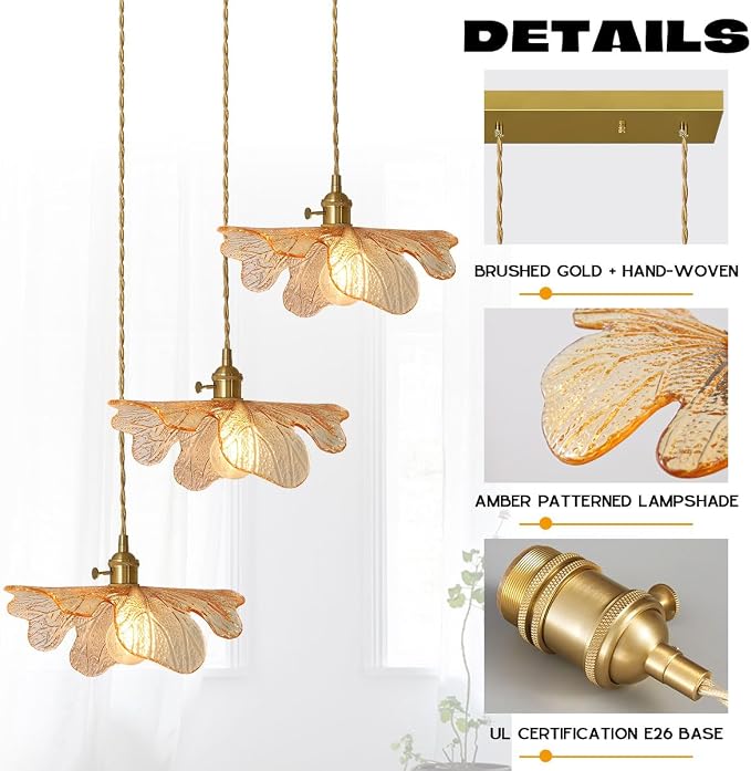 3-Light Vintage Petal Glass Ceiling Hanging Light Adjustable Gold Brass Chandelier Amber Glass Shade LED Linear Island Light for Dining Room Farmhouse, Indoor Cluster Lighting