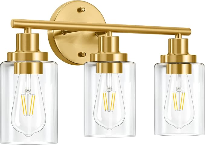 Brushed Brass Bathroom Wall Light Fixtures 3 Lights Vanity Wall Sconce with Clear Glass Shade Modern Farmhouse Wall Lamp for Bathroom Mirror Kitchen Living Room Workshop