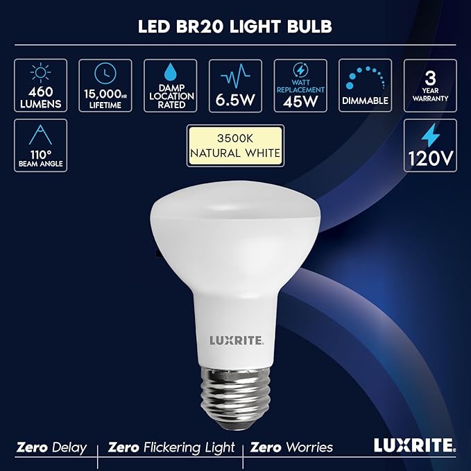 LUXRITE BR20 LED Bulb, 45W Equivalent, 3500K Natural White, Dimmable, 460 Lumens, R20 LED Flood Light Bulb 6.5W, Energy Star, Damp Rated, E26 Base, Perfect for Recessed and Track Lighting (12 Pack)