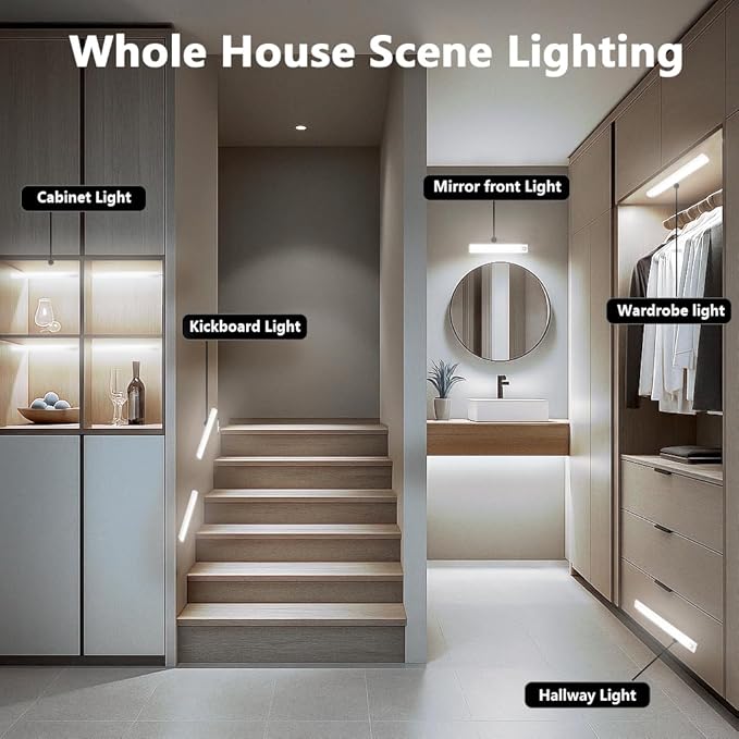 10โ Under Cabinet Lighting, 68LEDS Motion Sensor Light Indoor, Rechargeable Battery Magnetic Closet Light, Wireless Under Counter Lights for Kitchen, Stairs, 4-Pack Daylight