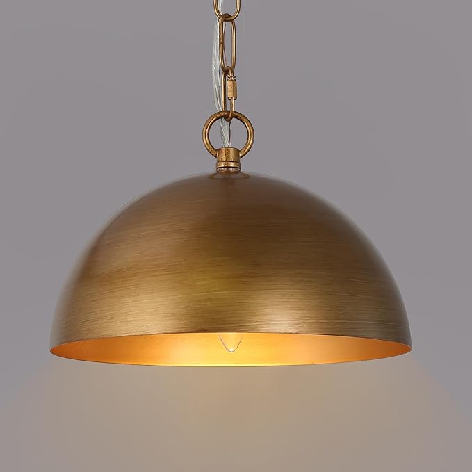 LALUZ 10" Large Dome Pendant Light, Antique Brushed Gold Pendant Lights Kitchen Island Modern Metal Adjustable Hanging Light Fixtures for Dining Room Bedroom Hallway