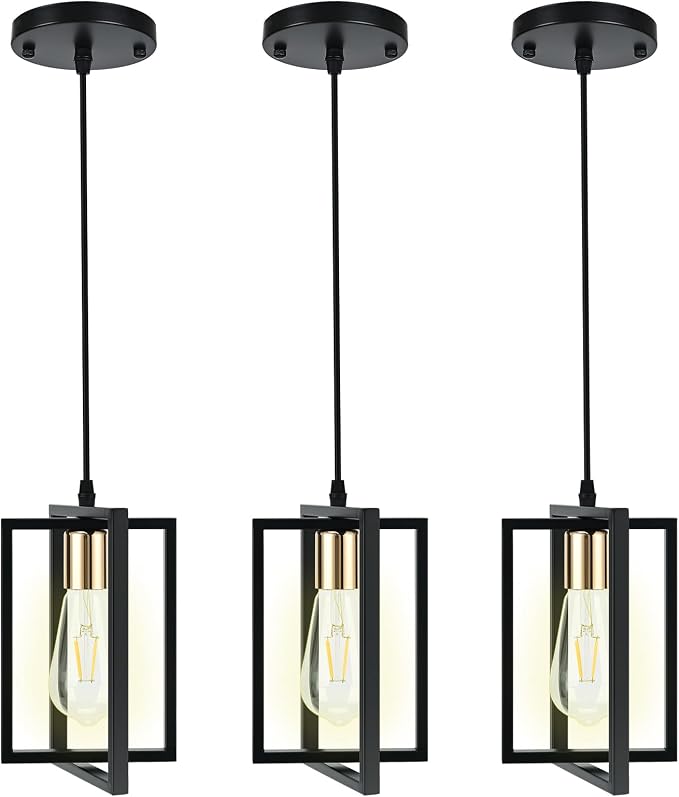 3 Pack Pendant Lights Kitchen Island Black Pendant Light with Metal Shades | Industrial Pendant Lights, Adjustable Cords for Flat or Sloped Ceilings, E26 Base, for Dining Room, Entryway, Restaurant