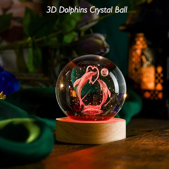 Dolphin Gift 3D Dolphins Figurines in Crystal Ball 60mm Laser Engraved Glass Sphere Home Decor with Wooden Light Base