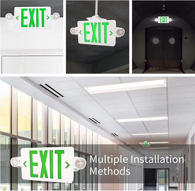 LED Exit Sign with Emergency Lights Dual LED Exit Light,Battery Backup | Two Bright LED Adjustable Heads Emergency Exit Lights, Hardwired Dual LED Combo Exit Lamp. ABS Fire Resistance UL Green