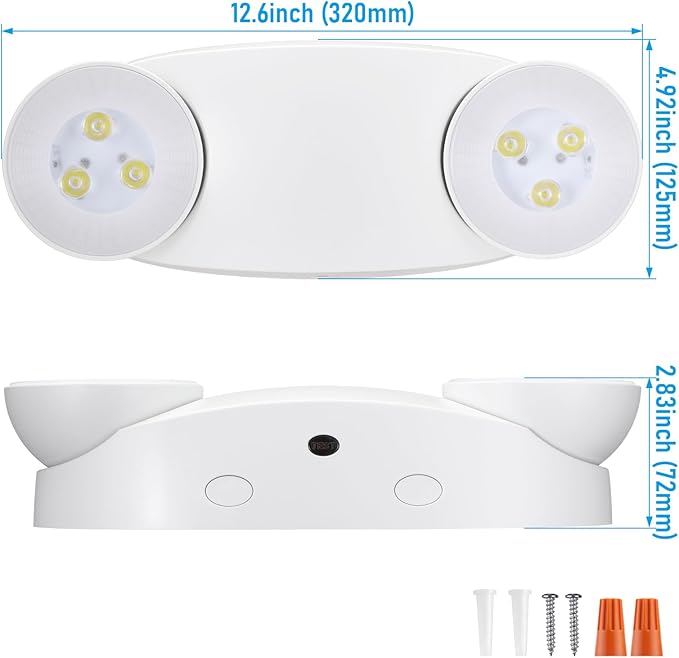 TORCHSTAR LED Emergency Light with Battery Backup, 800lm High Output, UL Listed, AC 120-277V, Commercial Emergency Lighting with Two Adjustable Heads, Hardwired Exit Light Fixtures, White, Pack of 2