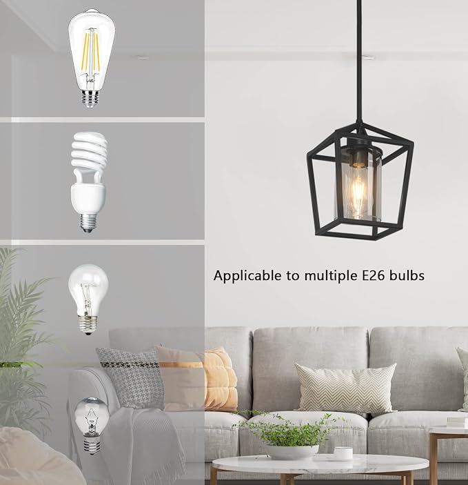 1 Pack Black Pendant Light Fixture Farmhouse Iron Cage Metal Pendant Light Lantern Hanging Light Fixtures with Clear Glass Shade for Kitchen Island, Dining Room, Hallway,Entryway1